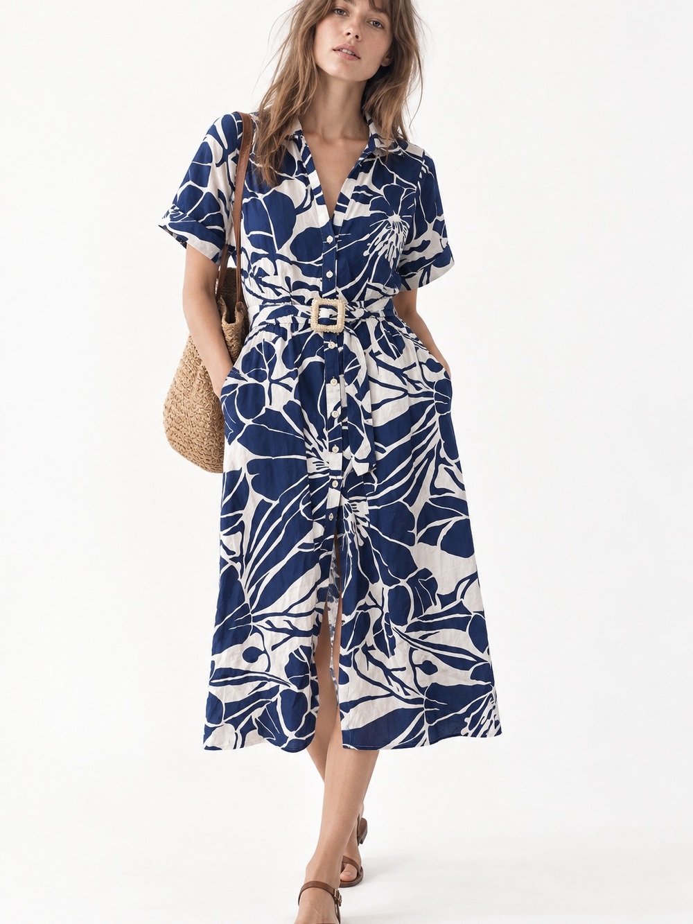 Joie Blue & White Floral Cotton Midi Shirt Dress – Size L